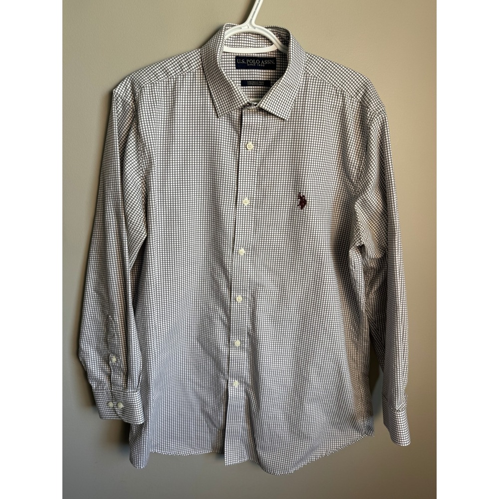 U.S. Polo Assn. Mens Gray White Grid Button Down Shirt 16.5 32/33 Preppy Classic